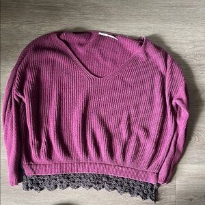 Oversized Purple V-Neck Sweater with Lace Hem